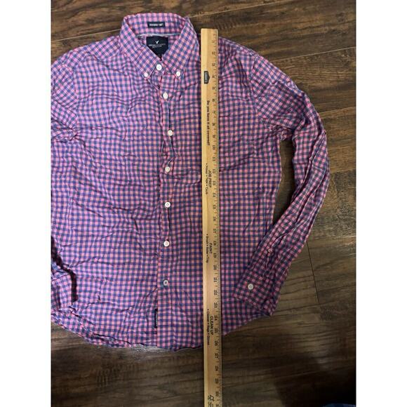 American Eagle Super Soft Button Down Flannel Shirt Mens Pink Blue Plaid Medium - Picture 5 of 5